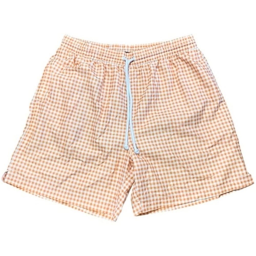 TailorByrd Mens Swim Trunks Large Orange White Gingham 6” Inseam Lined Pockets - Picture 2 of 10